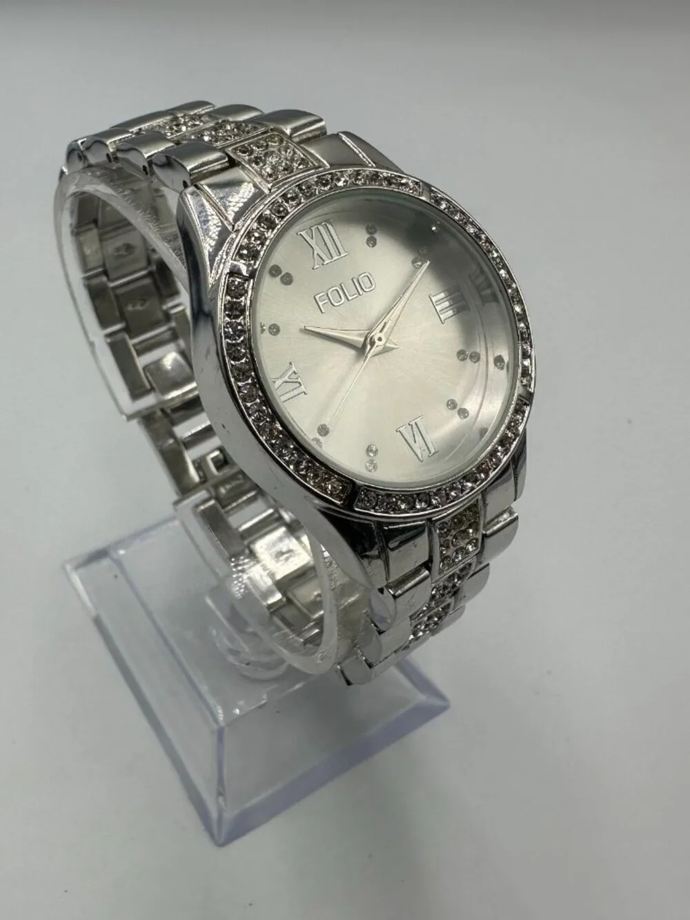 3/$30 Folio Watch Women Silver Tone Crystal Bezel Round Dial 31MM 7.5 Inch